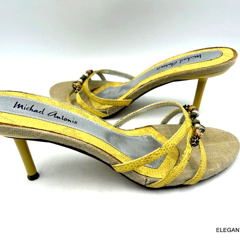 Michael Antonio Sandal Spiked Heels 7 M Yellow Bead Embellished Slip On Shoes